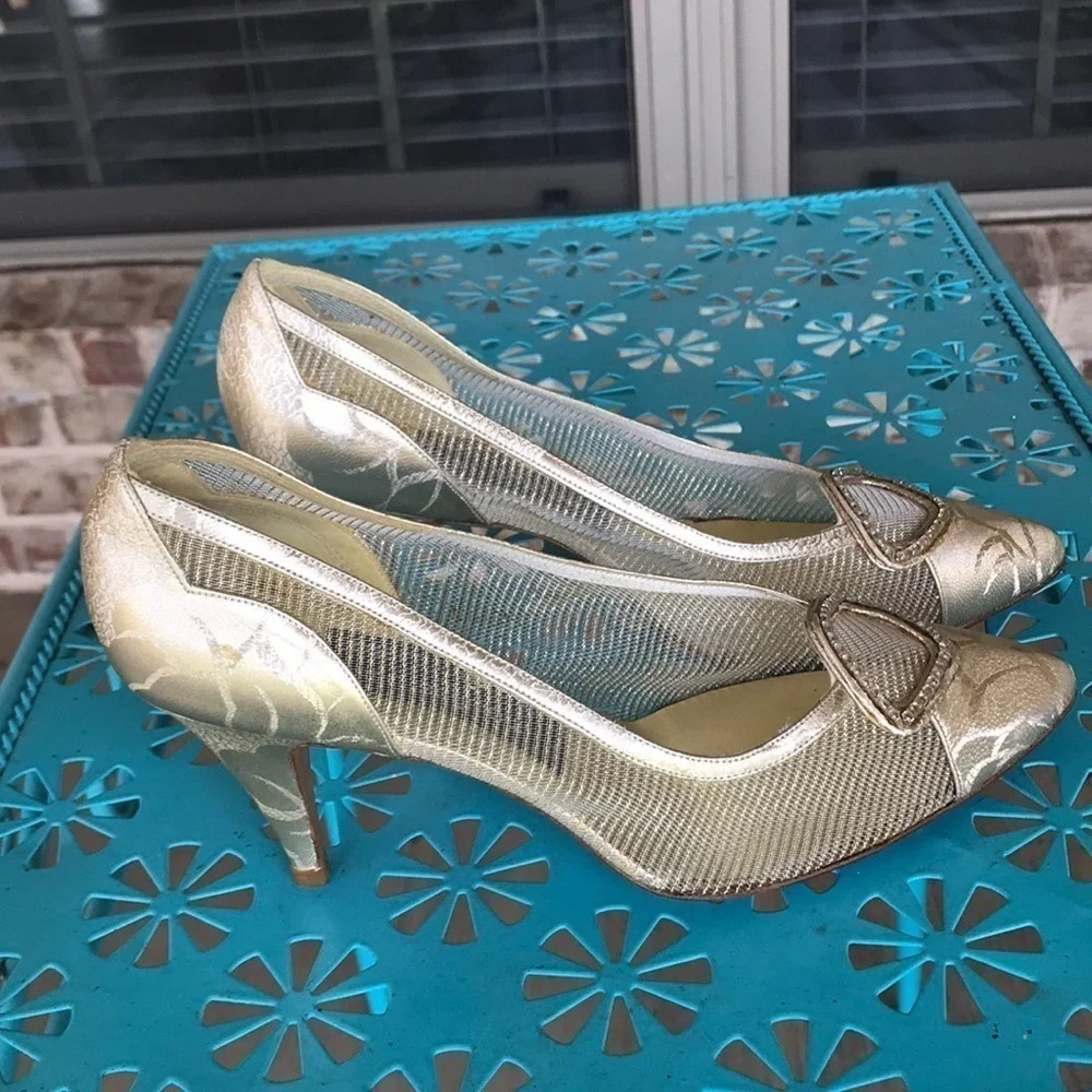 Stuart Weitzman Gold Shimmer Pointed Toe Pumps - image 1